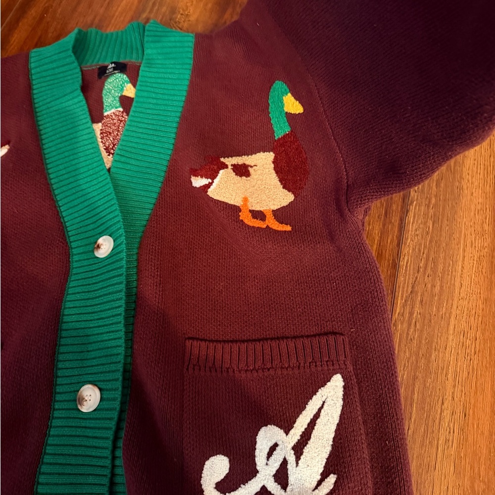 Lala Maroon Cardigan with Green Trim and Cream Accent Letters - Picture 3 of 9